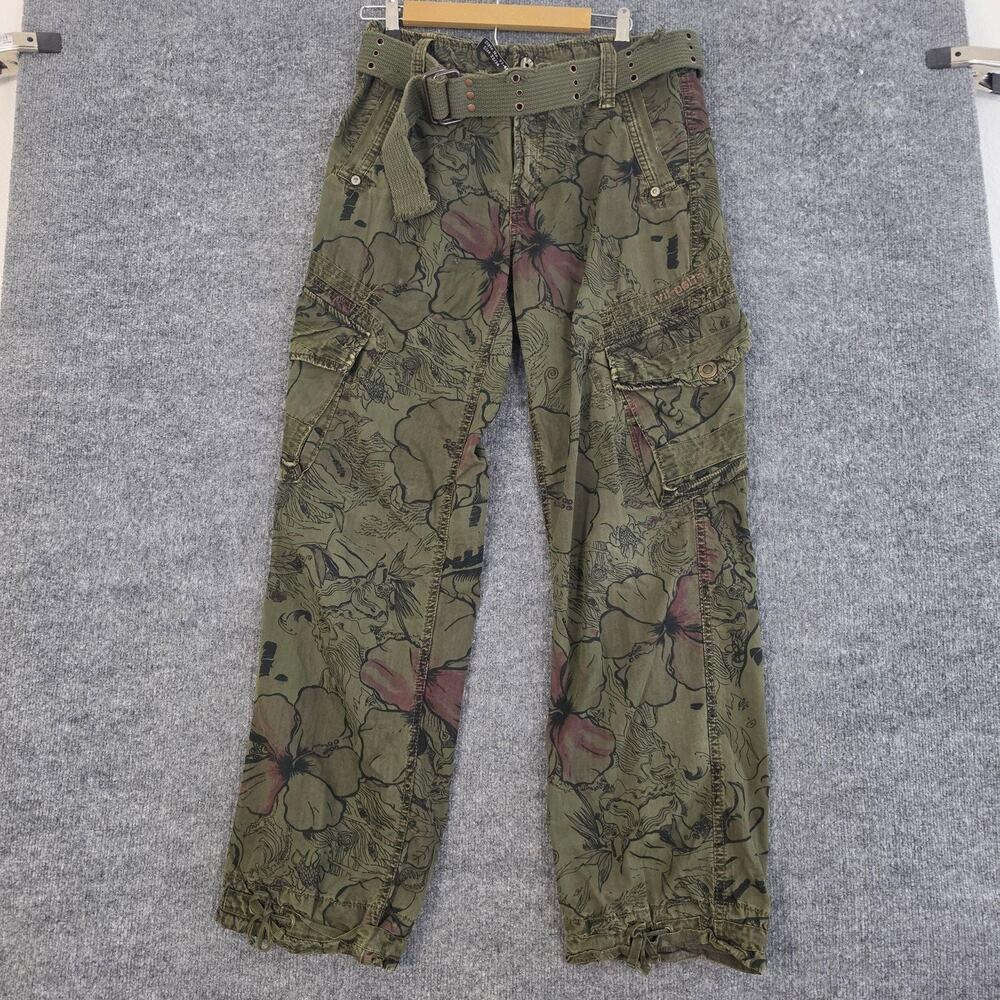 Jet Lag Cargo Pants Mens 32x34 Green Tropical Canvas Belted Y2K Baggy Streetwear